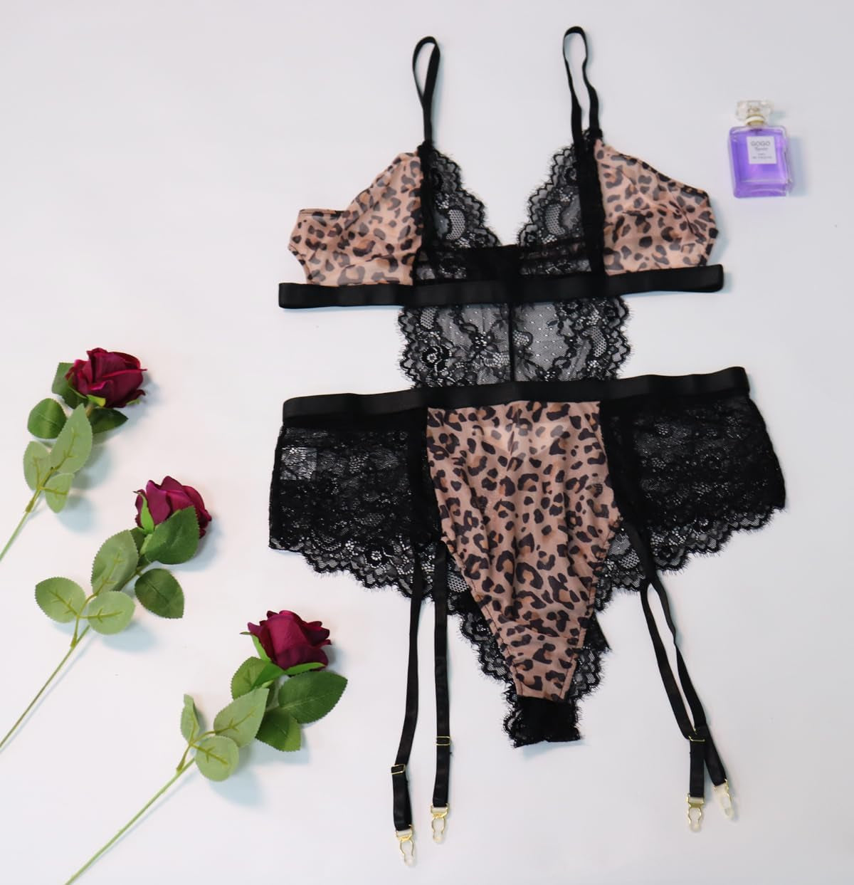 Plus Size Lingerie for Women Sexy Lingerie Leopard Mesh One-Piece Teddy Black Bodysuit with Garter Belts