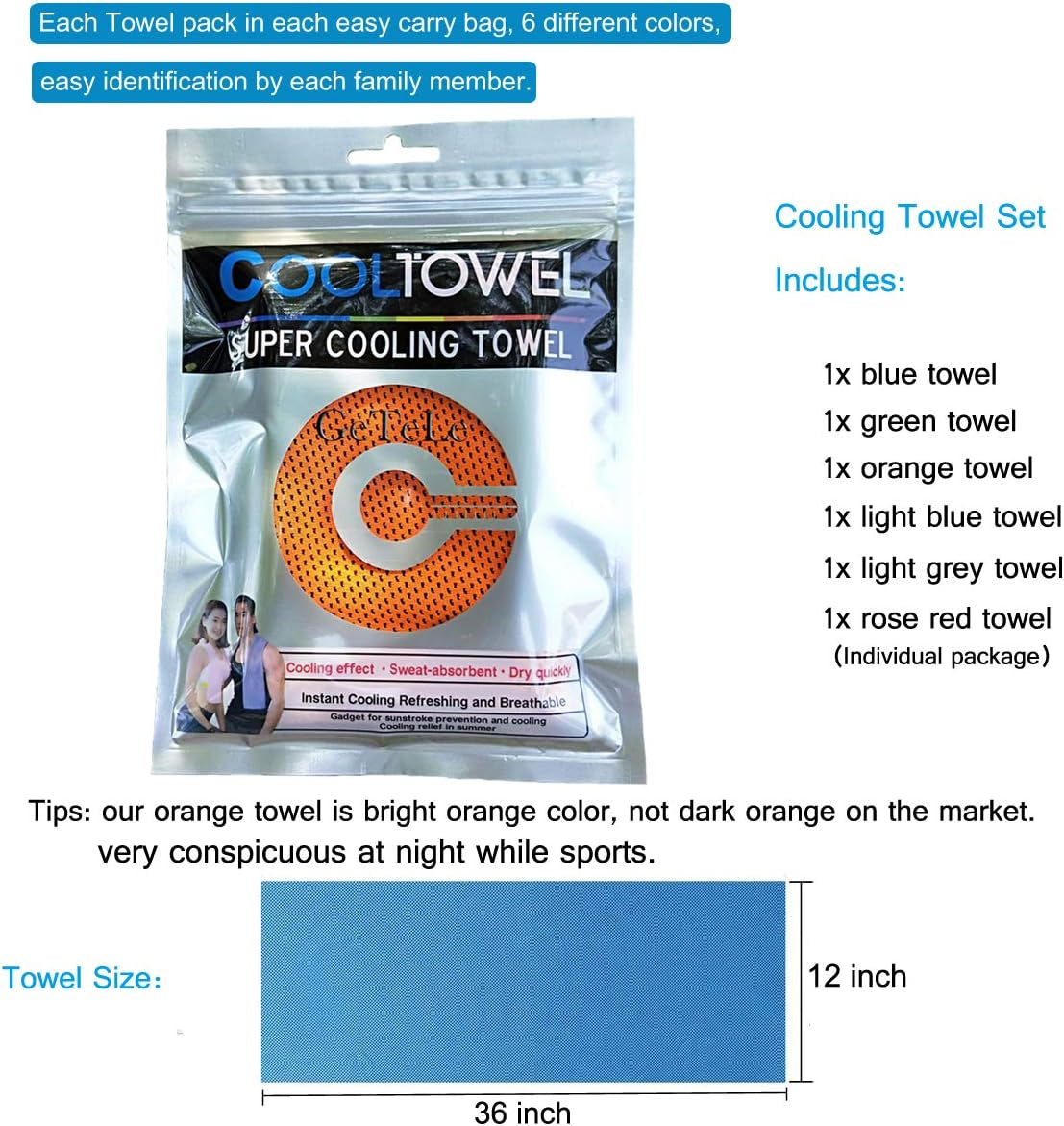 Cooling Towel 6 Pack, 36"X12" Cooling Towels for Neck and Face, Soft Microfiber Cooling Neck Wraps, Ice Sports Towel for Instant Cooling, Stay Cool for Yoga, Sport, Workout, Running, Camping, Golf